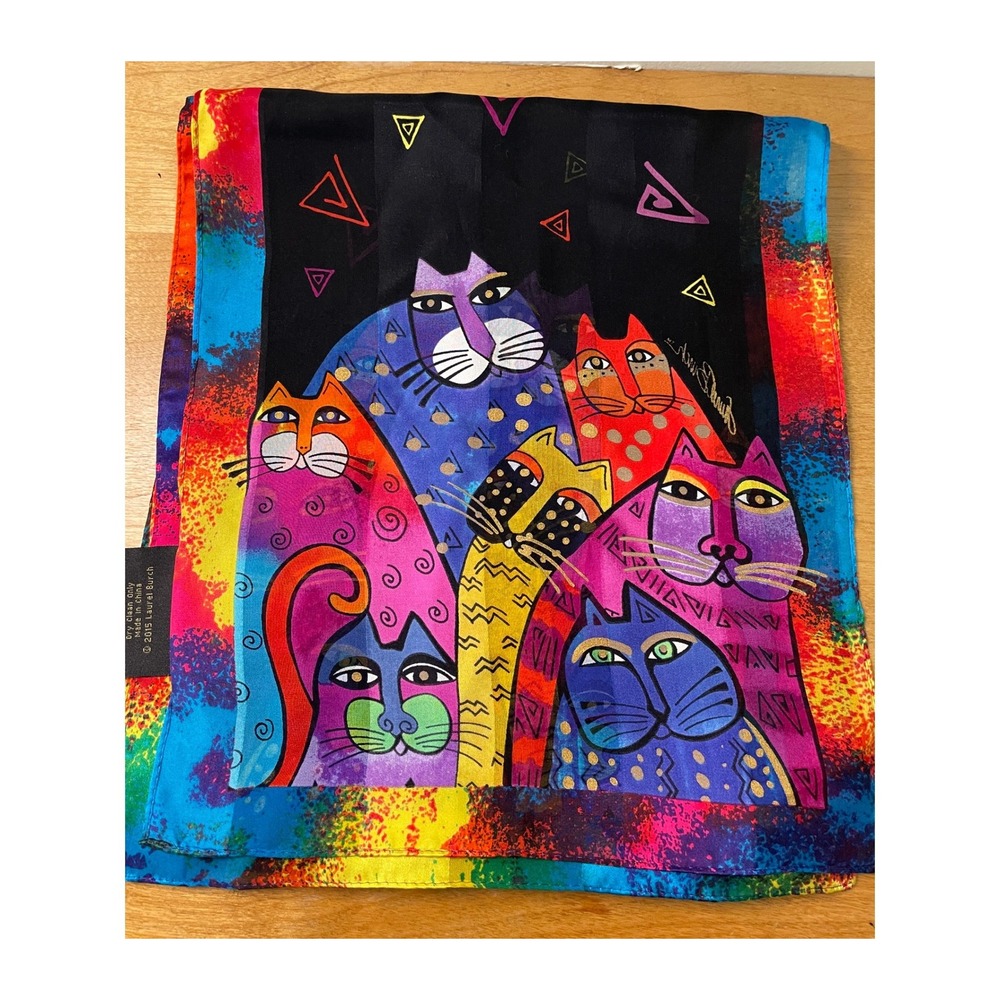 Laurel Burch Silk Scarf Multi Color Cat Art Print Long Rectangle 2015